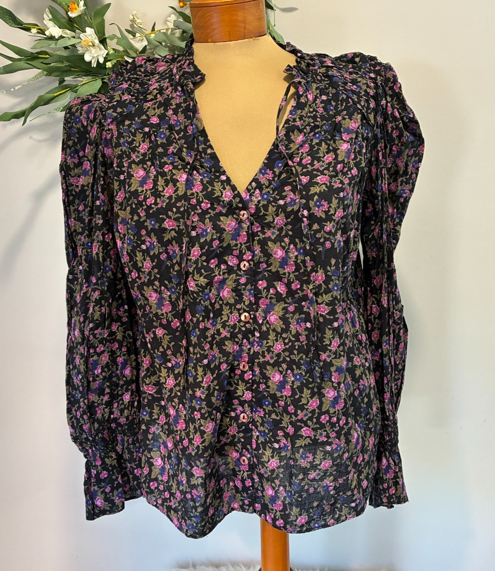 Free People Meant To Be Floral Blouse Cotton Smocked Boho Cottagecore, Size S